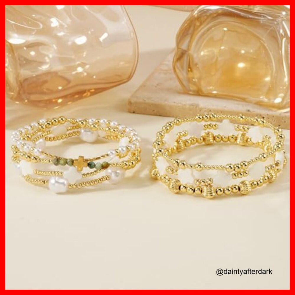Gold Plated Beaded Stretch Stackable Bracelets Se… - image 5